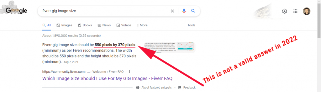 Google search result (snippet) for Fiverr gig image size
