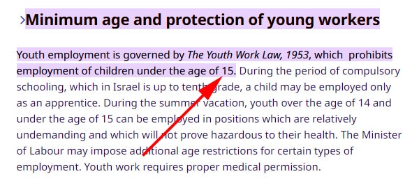 Minimum age and protection of young workers by the government of Israel