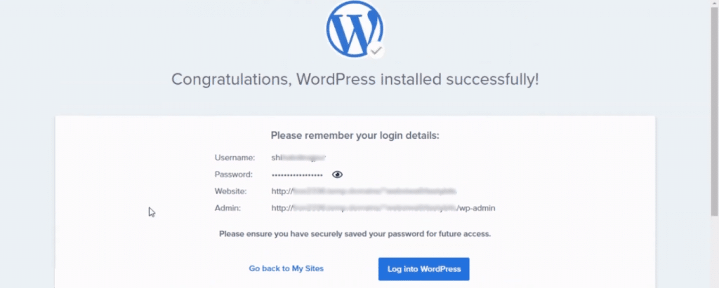 WordPress installed successfully on Bluehost