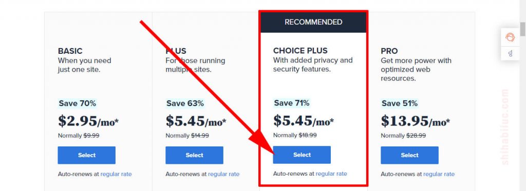 Bluehost shared hosting "Choice Plus" package