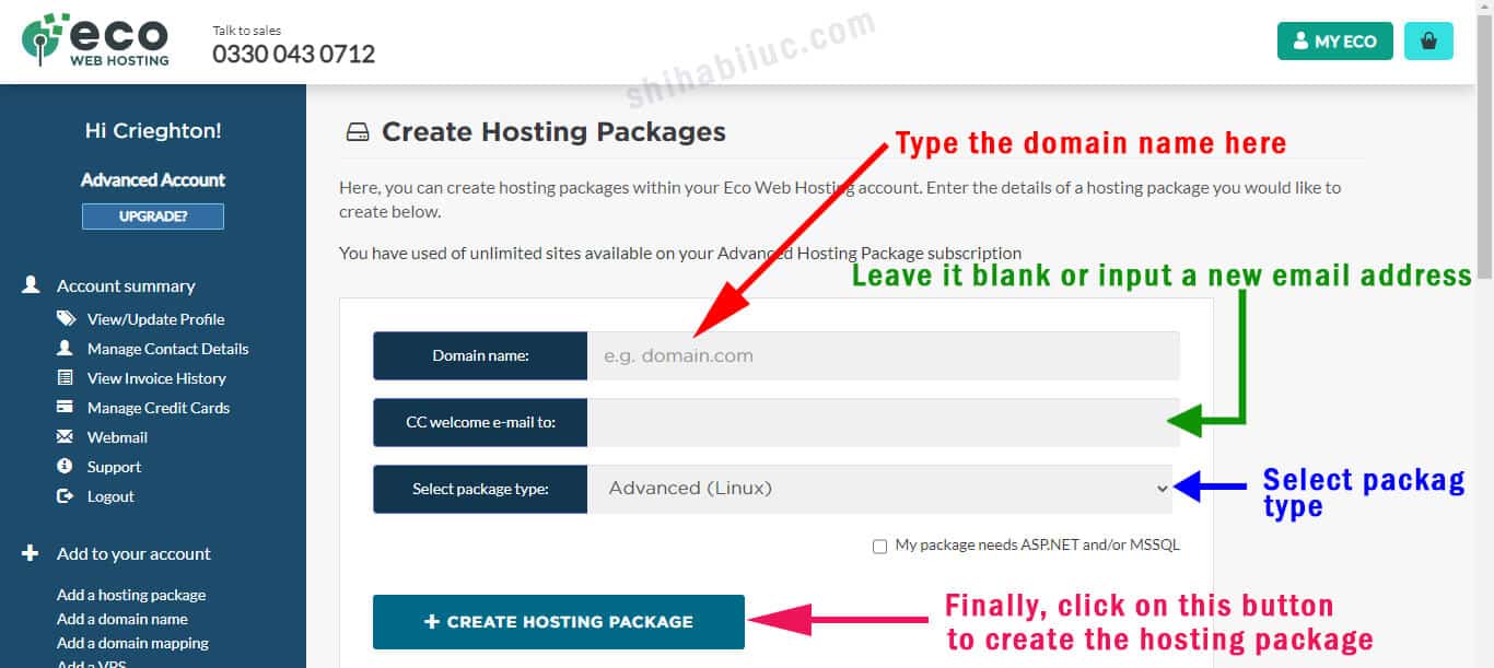 Fill out information to create a hosting package on Eco Web Hosting