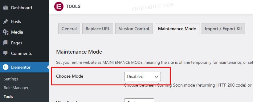 Disable maintenance mode in Elementor
