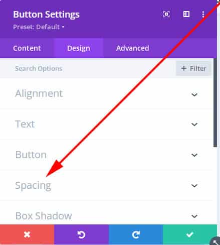 Divi buttons settings - design tab - spacing