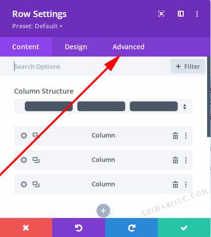 Divi row settings - advanced tab