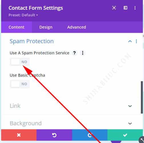Divi theme contact form module turn on spam protection service
