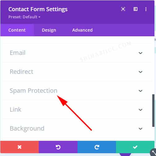Divi theme contact form spam protection option
