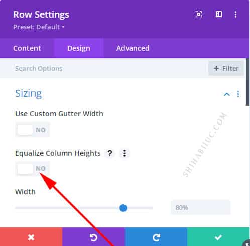 divi theme design option sizing option equalize column heights