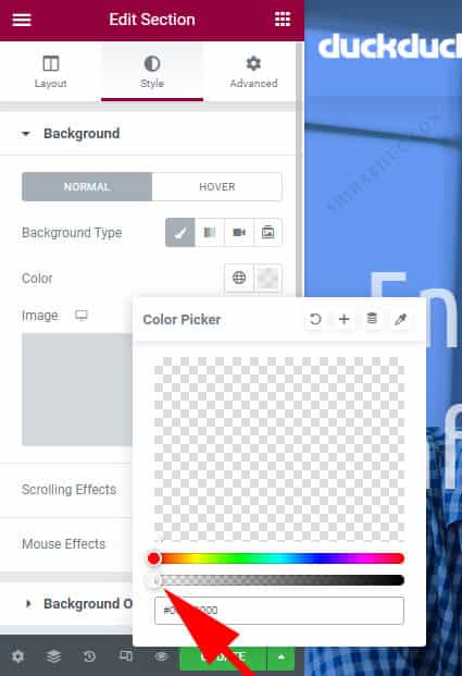 Elementor header transparent background color