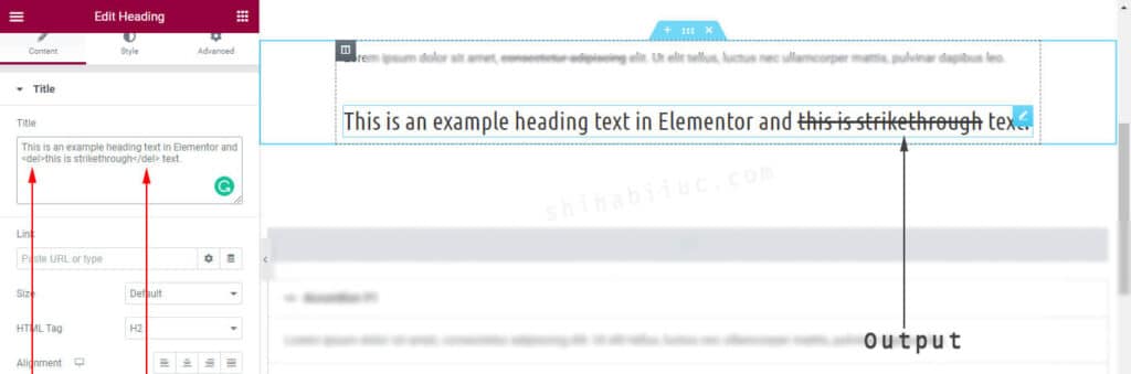 Elementor heading contains strikethrough text