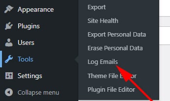 Email Logs option underneath Tools in WordPress dashboard