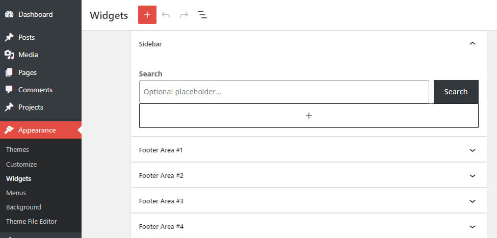 Footer widgets in WordPress admin dashboard