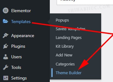 Elementor theme builder menu in WordPress admin dashboard