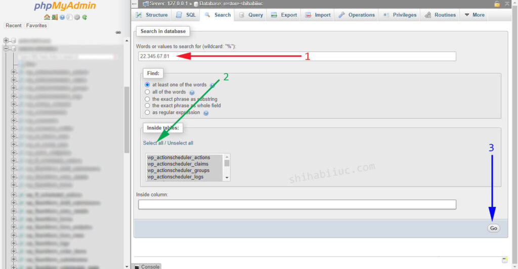 How to find a word or ip address or value in database tables