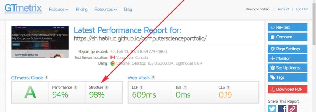 My computer science portfolio website structure report on GTMetrix