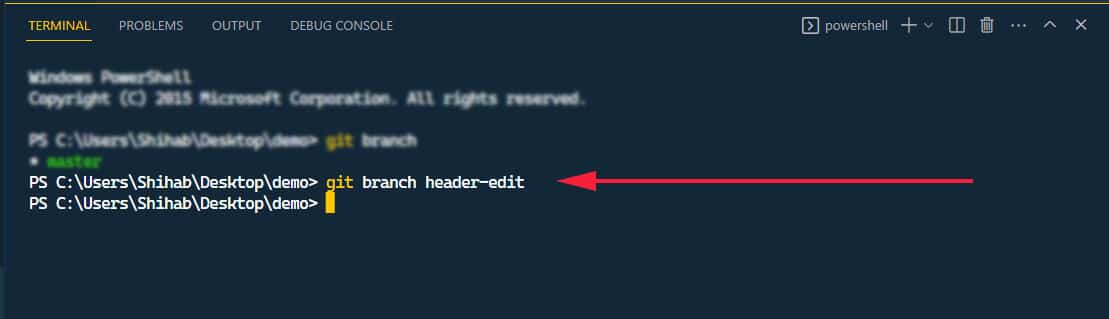 Command for creating a new git branch in the terminal