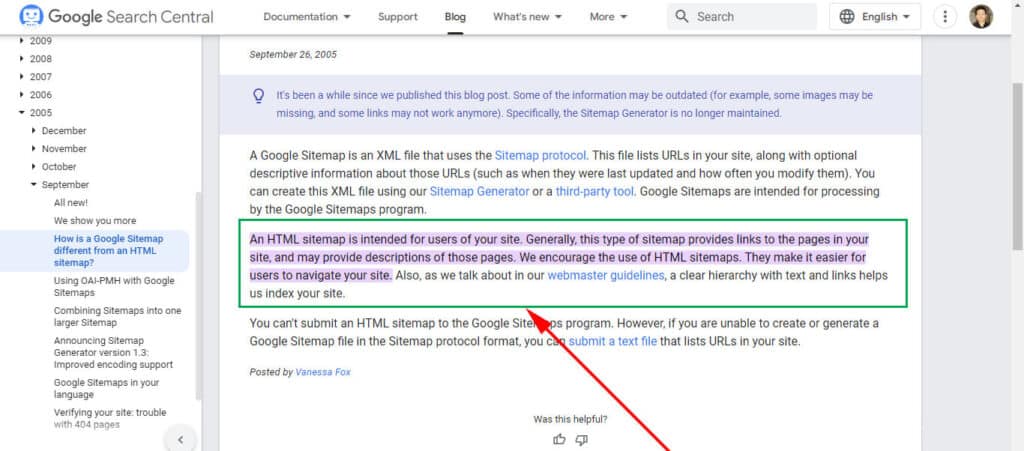Google search central blog post highlighted sentences about HTML sitemap