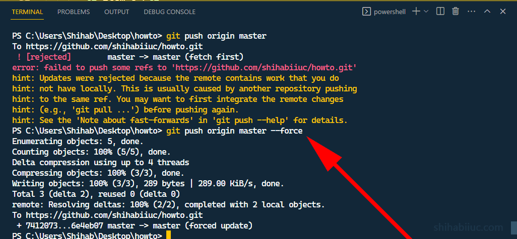 git push with --force flag that worked after previous push was rejected