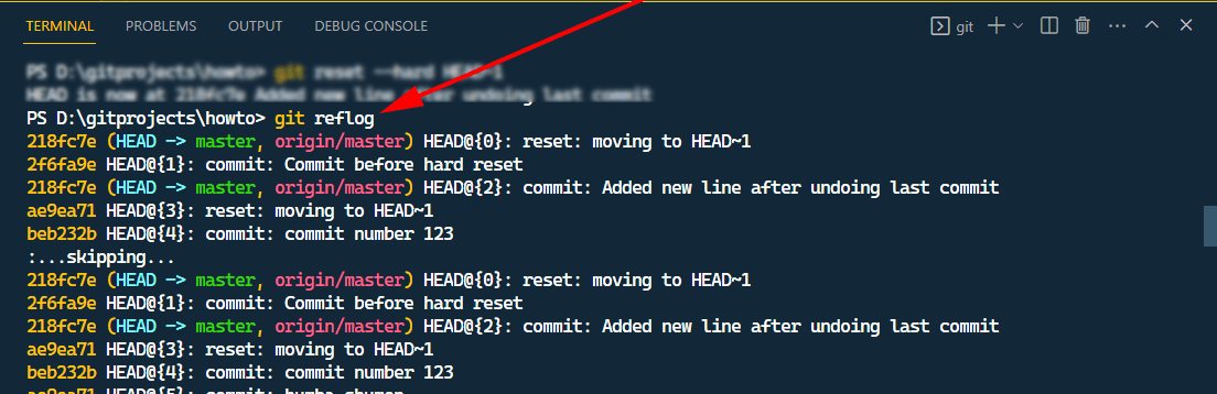 list of recent changes in commit, git reflog