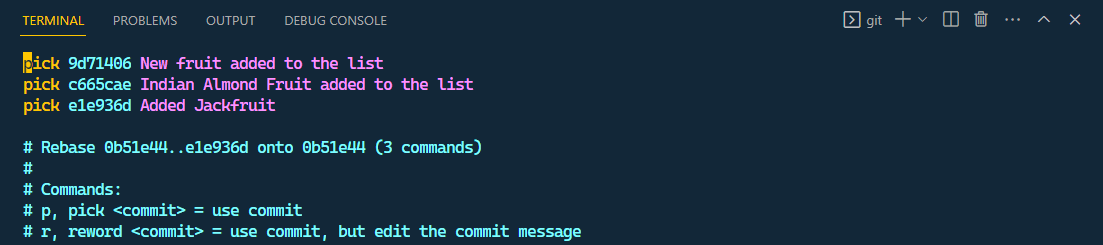 List of commit messages based on git rebase -i HEAD~3