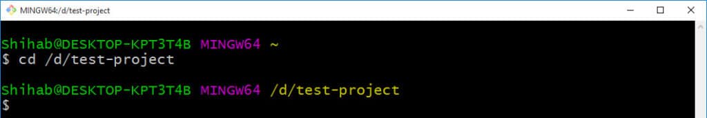 Navigate to a test project folder in command line
