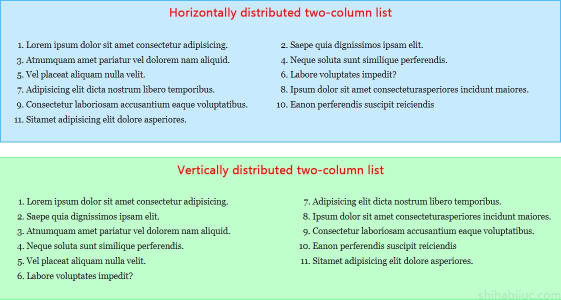Two types of two-column ordered list