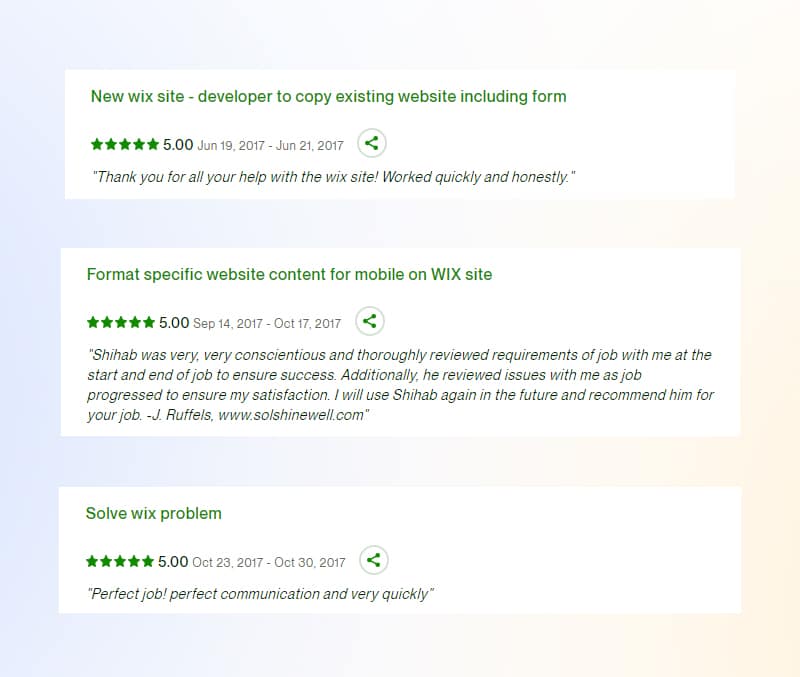 My clients' feedback on Upwork about Wix website development