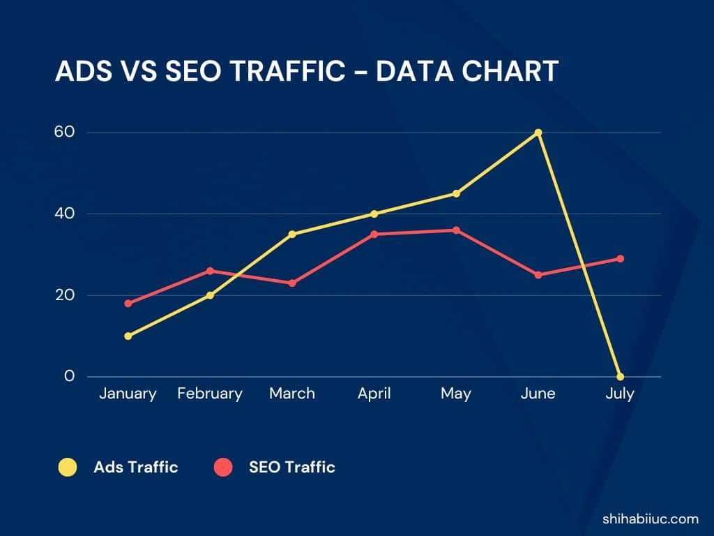 Ads vs SEO traffic data chart (monthly)