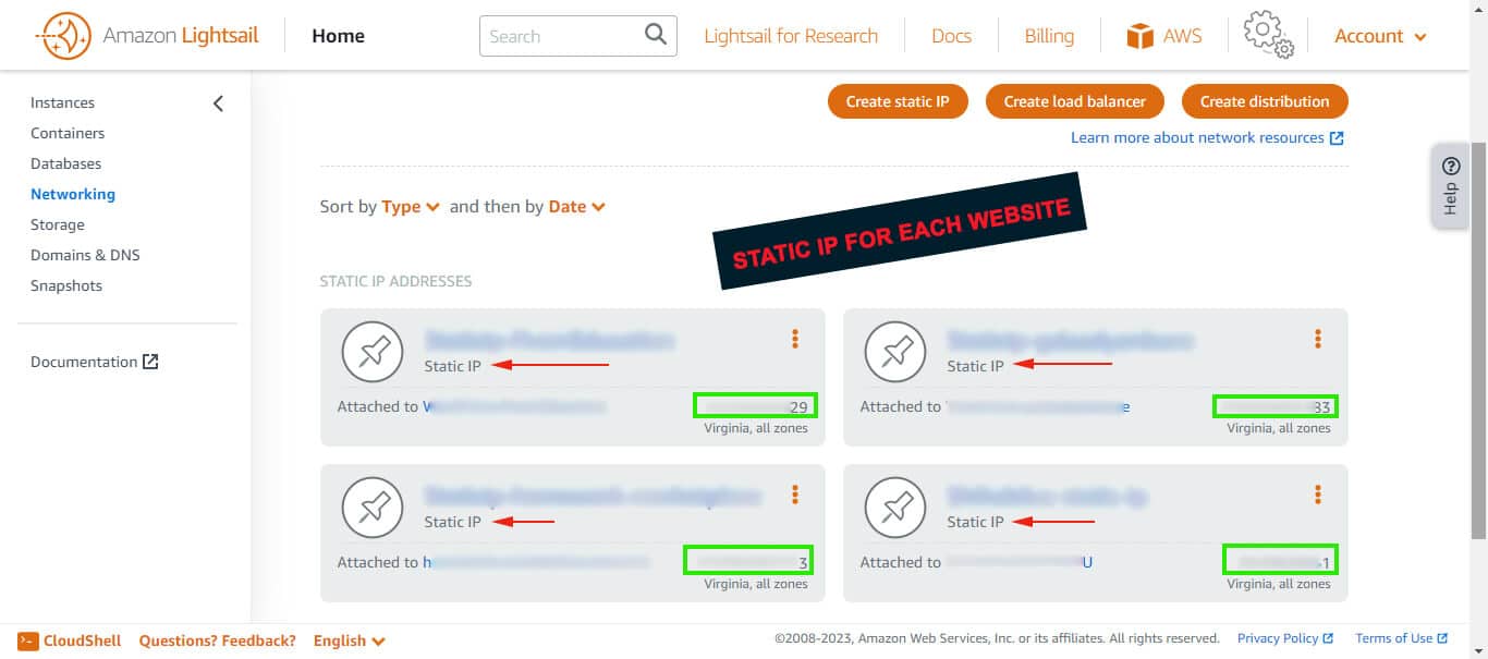 AWS Lightsail Networking, Static IP for each website